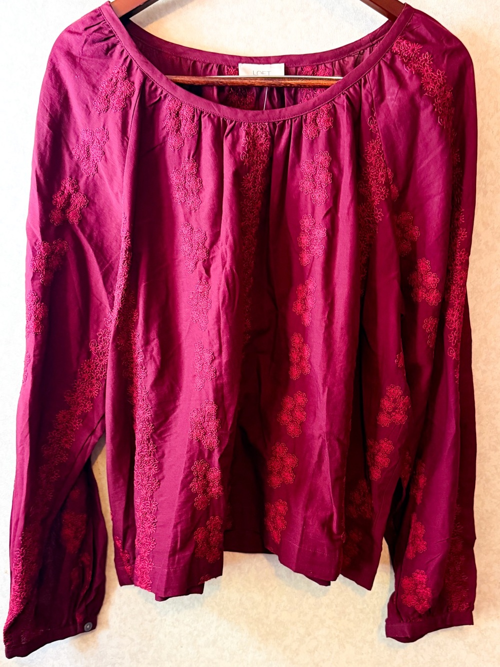 LOFT Outlet Burgundy Embroidered Blouse Long Sleeve Cotton XL Autumn Boho NWT - Picture 2 of 7
